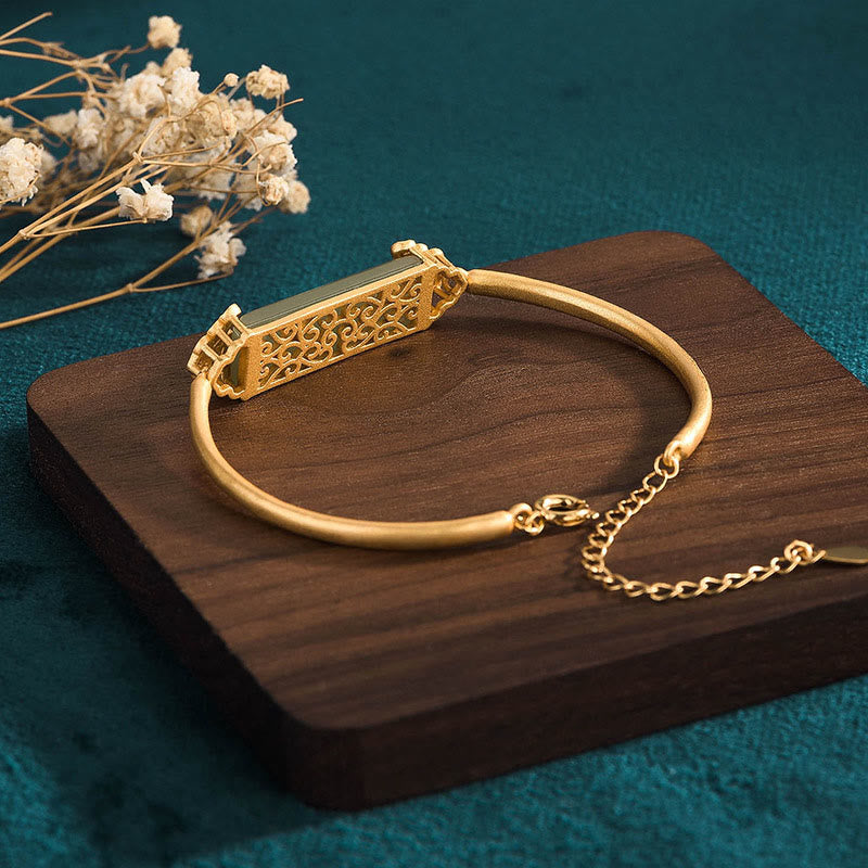 Adjustable Hetian Jade Luck Bracelet | 24K Gold Plated Cuff
