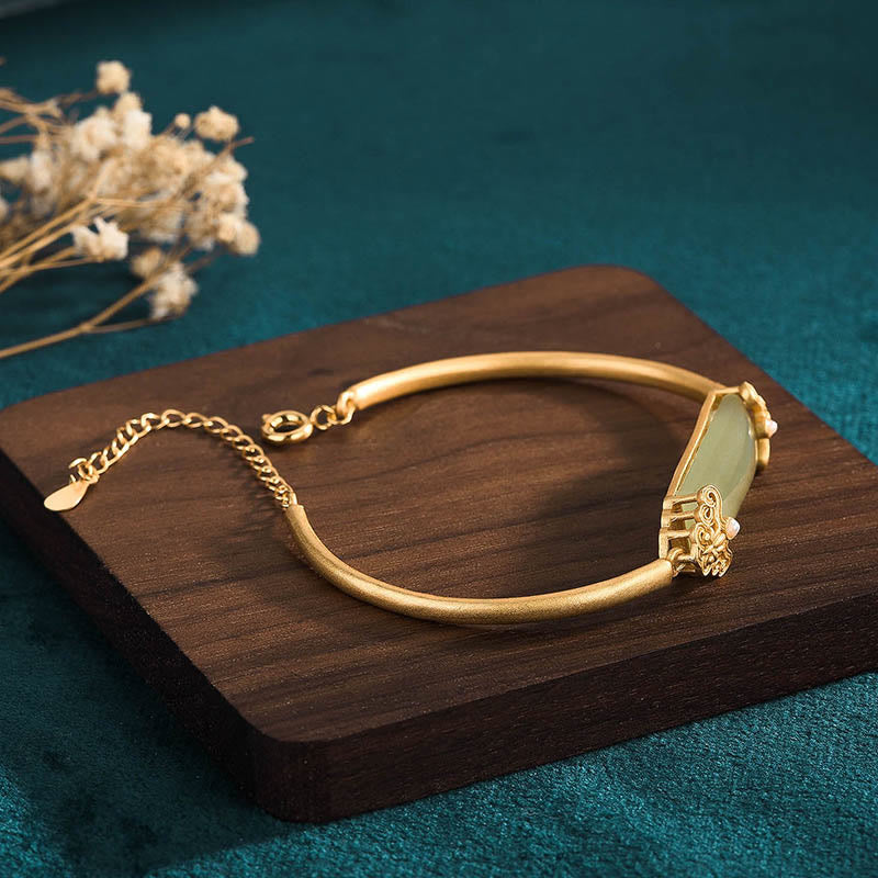 Adjustable Hetian Jade Luck Bracelet | 24K Gold Plated Cuff