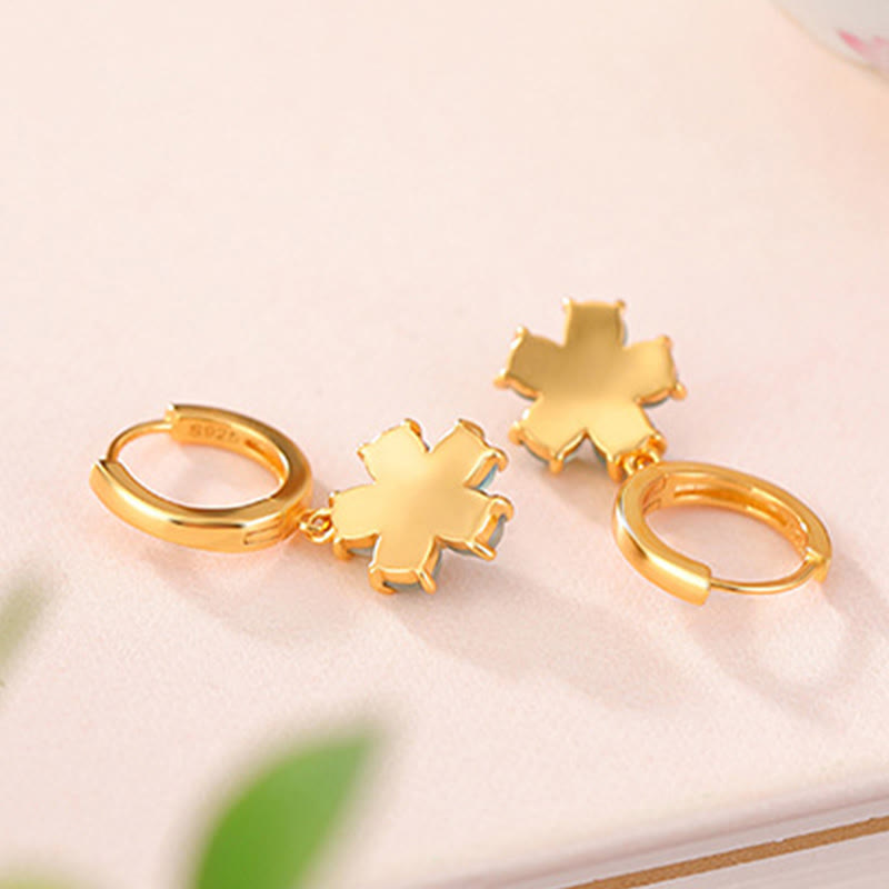 925 Sterling Silver Gold Plated Green Jade Flower Earrings for Prosperity