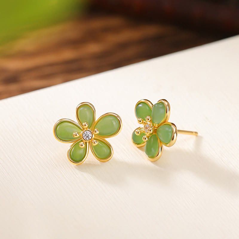 Sterling Silver Hetian Jade Flower Earrings for Abundance & Luck