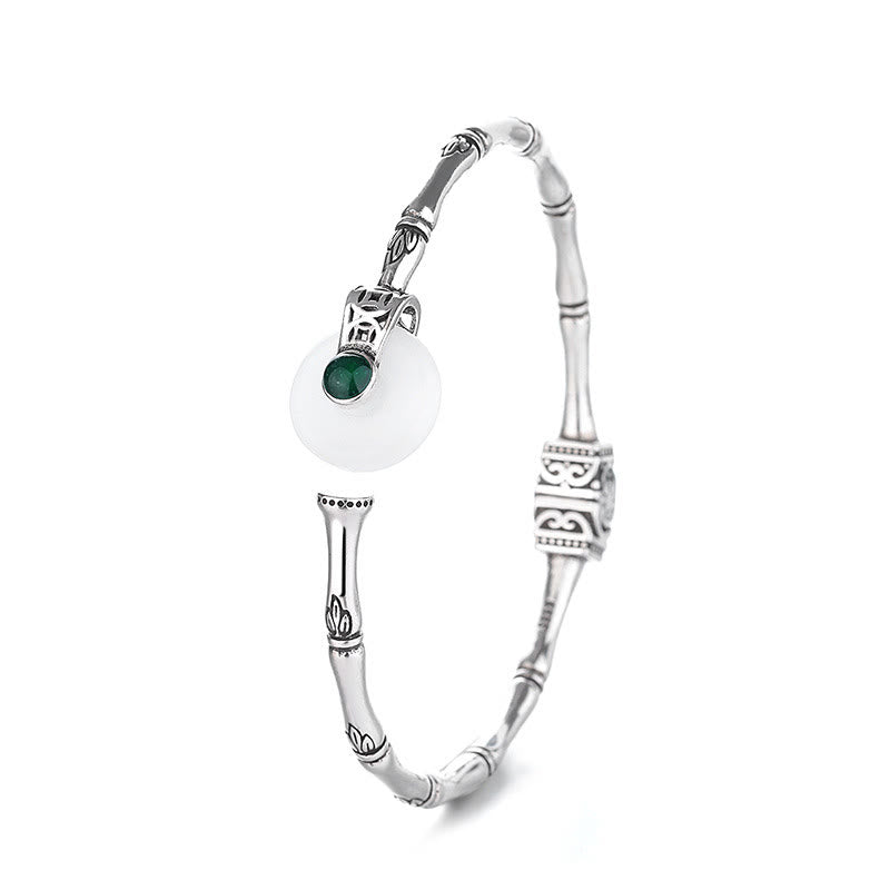 White Jade Copper Cuff Bracelet With Peace Buckle & Bamboo Design