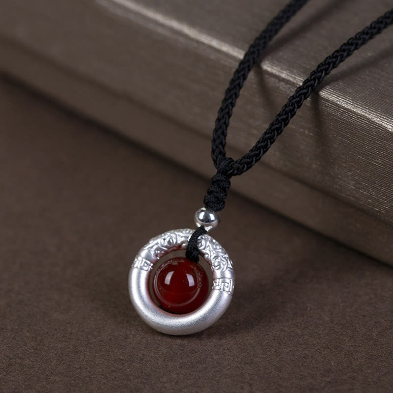 999 Sterling Silver Red Agate Peace Buckle Necklace for Protection