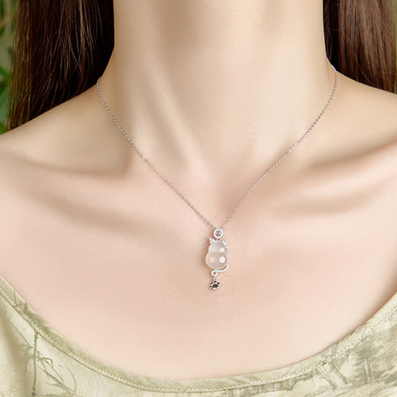 White Jade Gourd Cat Protection Necklace Pendant
