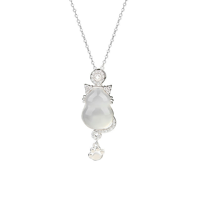 White Jade Gourd Cat Protection Necklace Pendant