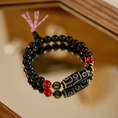 Nine-Eye Dzi Bead Black Onyx 8mm Spiritual Protection Bracelet