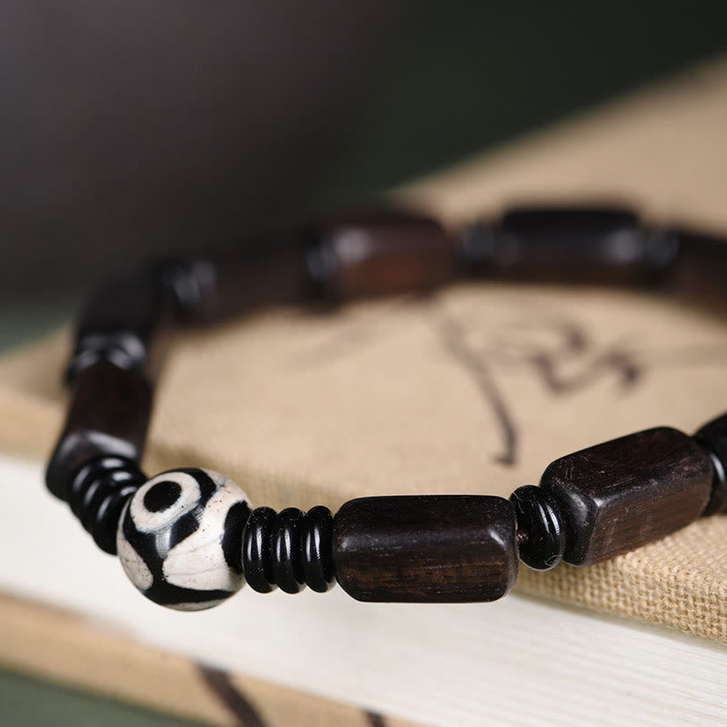 Ebony Wood Dzi Bead Balance Bracelet for Grounding Peace