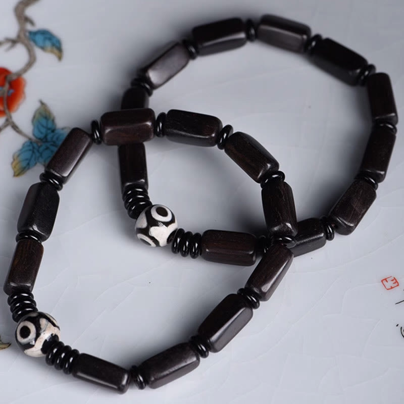 Ebony Wood Dzi Bead Balance Bracelet for Grounding Peace