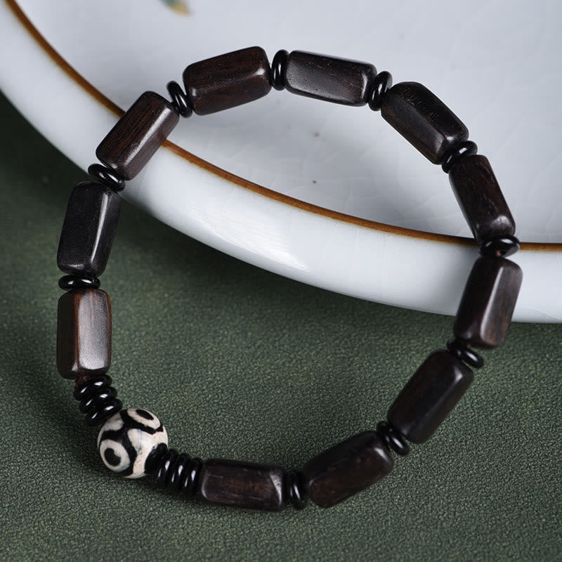 Ebony Wood Dzi Bead Balance Bracelet for Grounding Peace