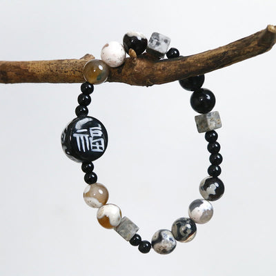 8mm Black Onyx Agate Bracelet with Fu Fortune Symbol