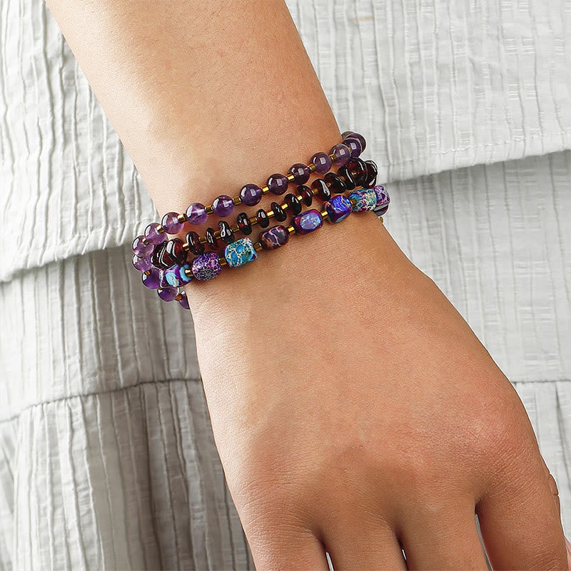 Triple Wrap Amethyst Garnet Emperor Stone Bracelet