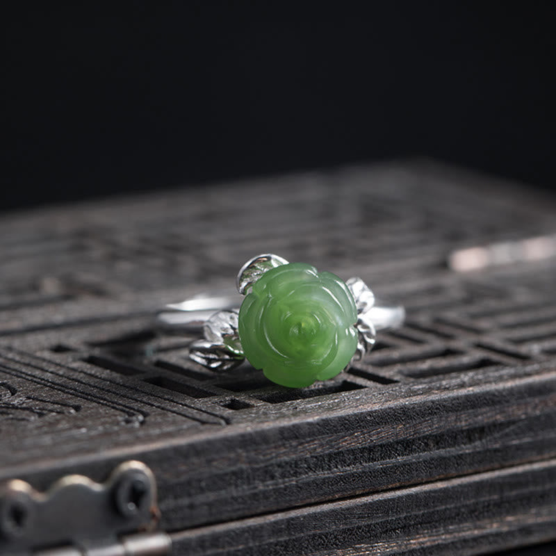 Adjustable Green Jade Rose Ring in 925 Sterling Silver for Luck