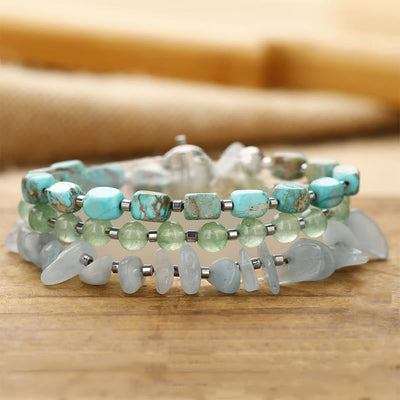 Triple Wrap Green Aventurine Bracelet with Aquamarine and Emperor Stone for Happiness