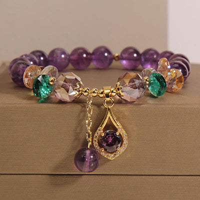 Unisex Amethyst Spiritual Awareness Bracelet with Citrine & Green Crystal, Size 14-16cm