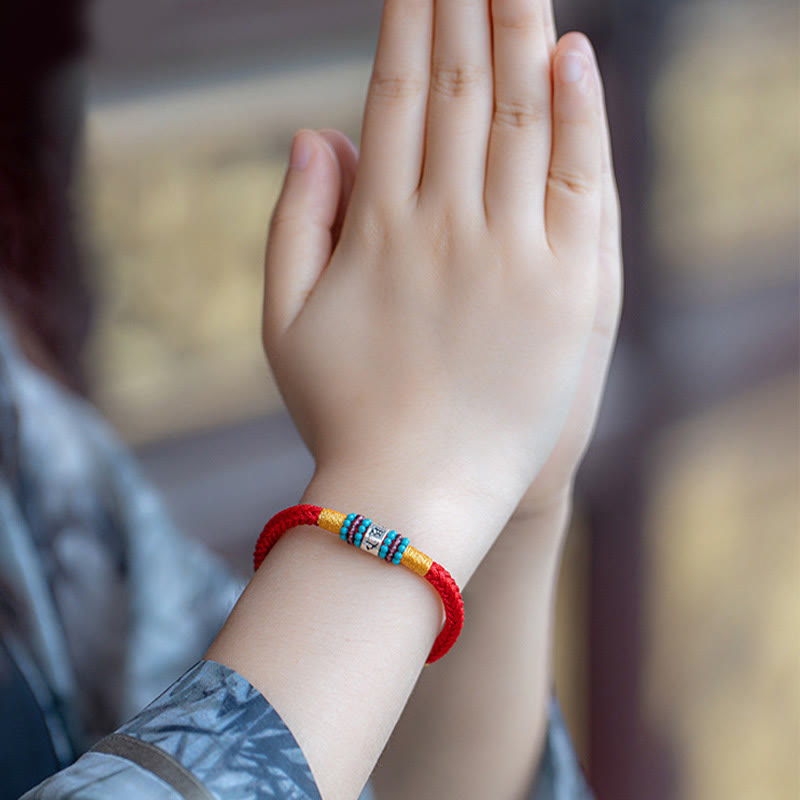 Om Mani Padme Hum Bracelet | Red Black String Silver | Unisex