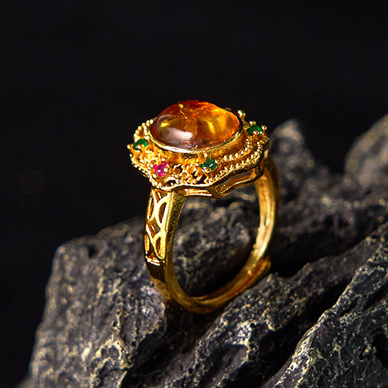 Adjustable Flower Amber Ring for Confidence and Inner Strength