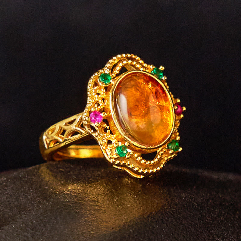 Adjustable Flower Amber Ring for Confidence and Inner Strength