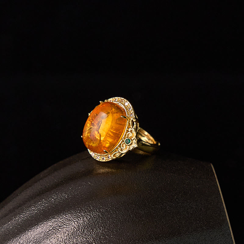 Amber Flower Pigeon Egg Pattern Focus Spiritual Ring