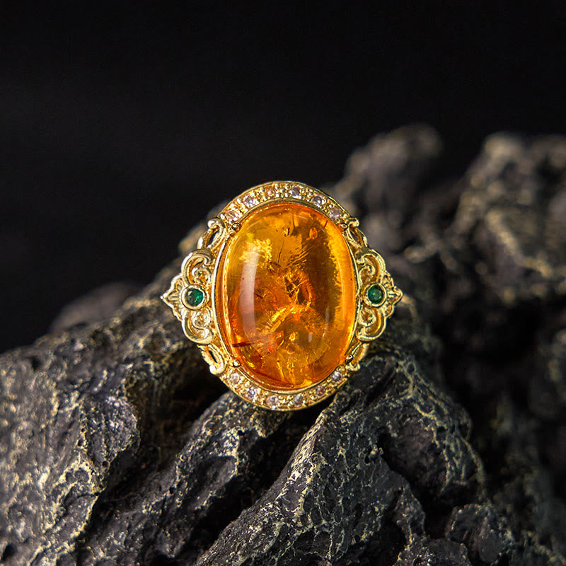 Amber Flower Pigeon Egg Pattern Focus Spiritual Ring