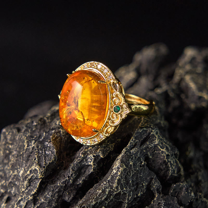 Amber Flower Pigeon Egg Pattern Focus Spiritual Ring