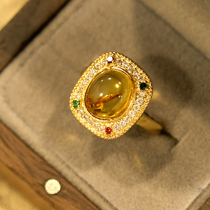Amber Flower Square Spiritual Ring | Confidence Balance