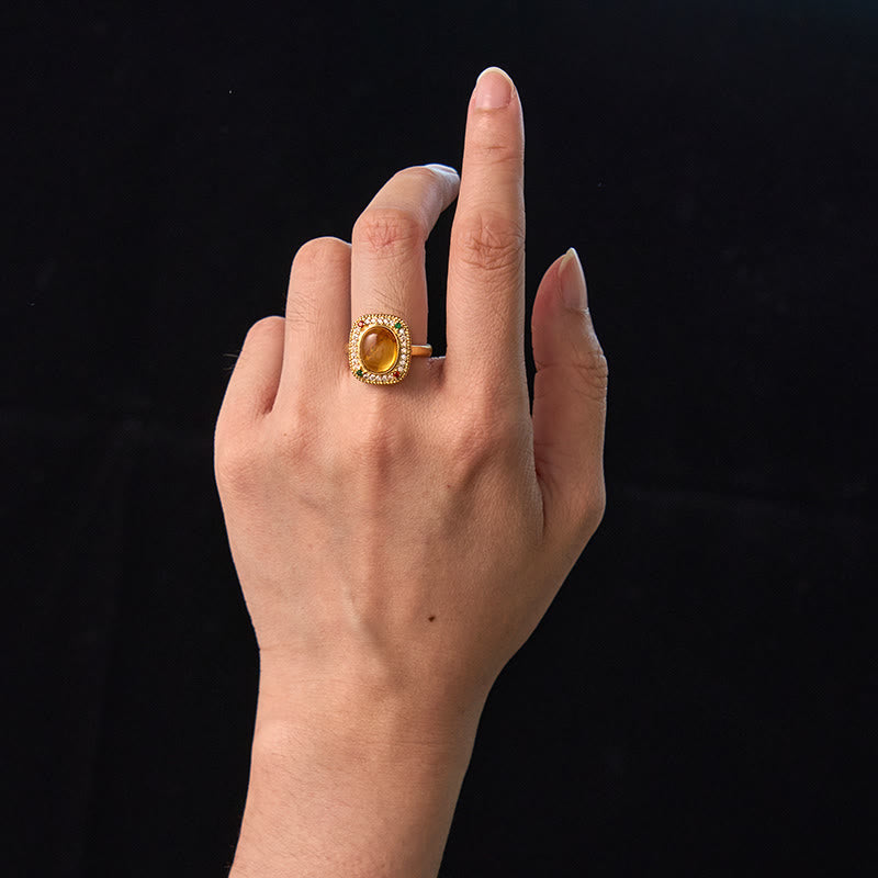 Amber Flower Square Spiritual Ring | Confidence Balance
