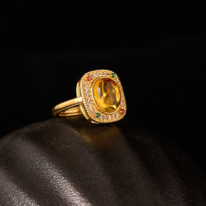 Amber Flower Square Spiritual Ring | Confidence Balance