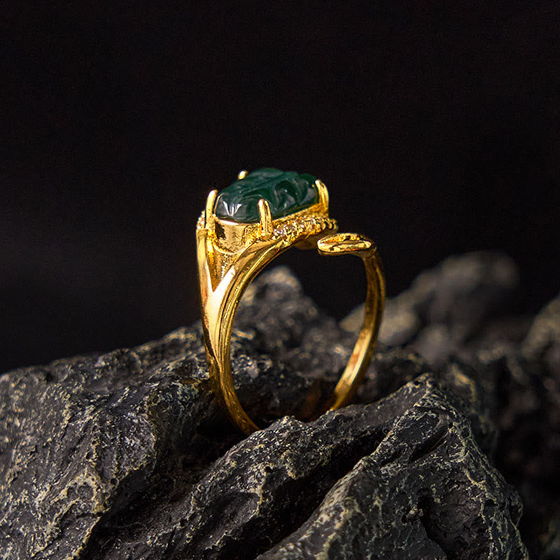 Adjustable Copper Gold Jade Leaf Ring for Prosperity