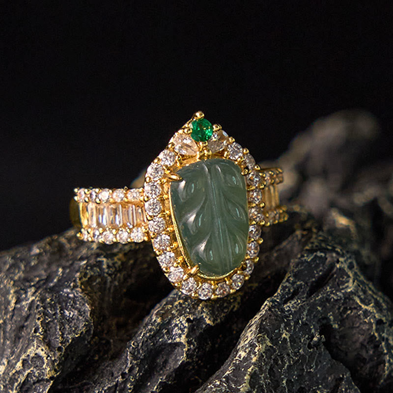 Adjustable Jade Leaf Ring Copper Gold Plated with Lucky Diamonds