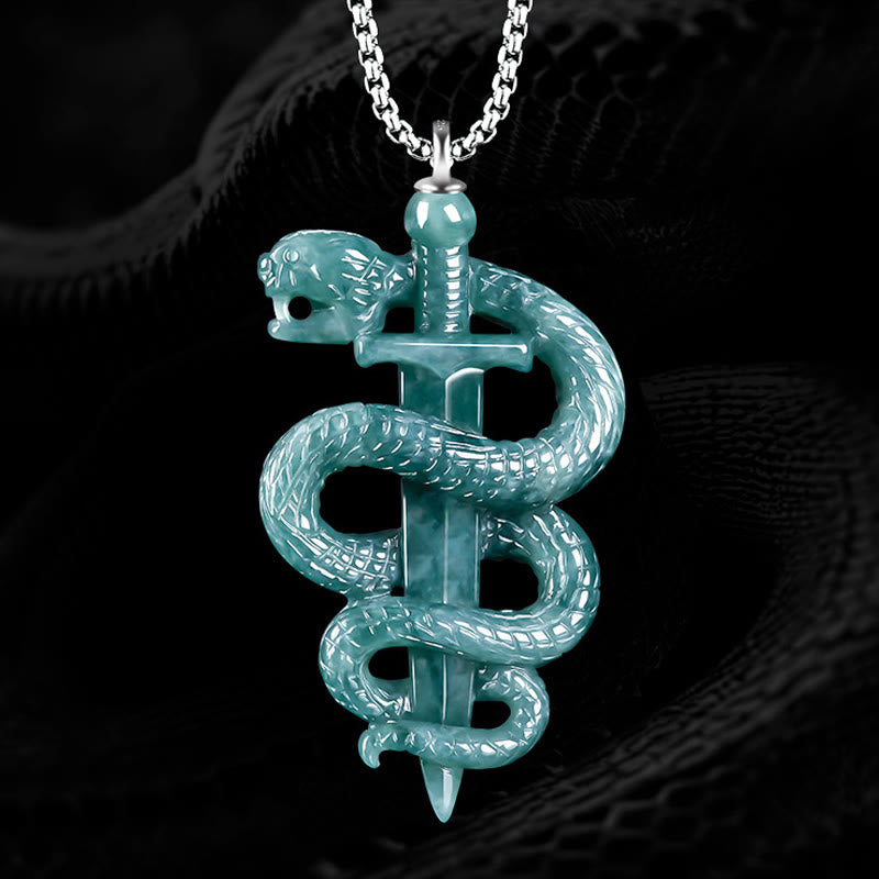 Sterling Silver Jade Snake Sword Necklace for Luck & Protection