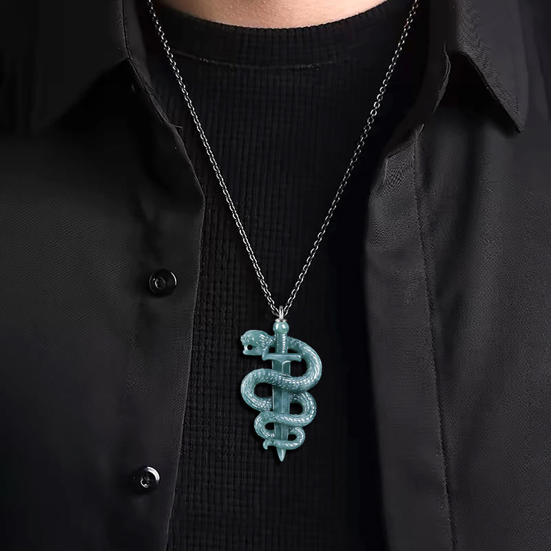 Sterling Silver Jade Snake Sword Necklace for Luck & Protection