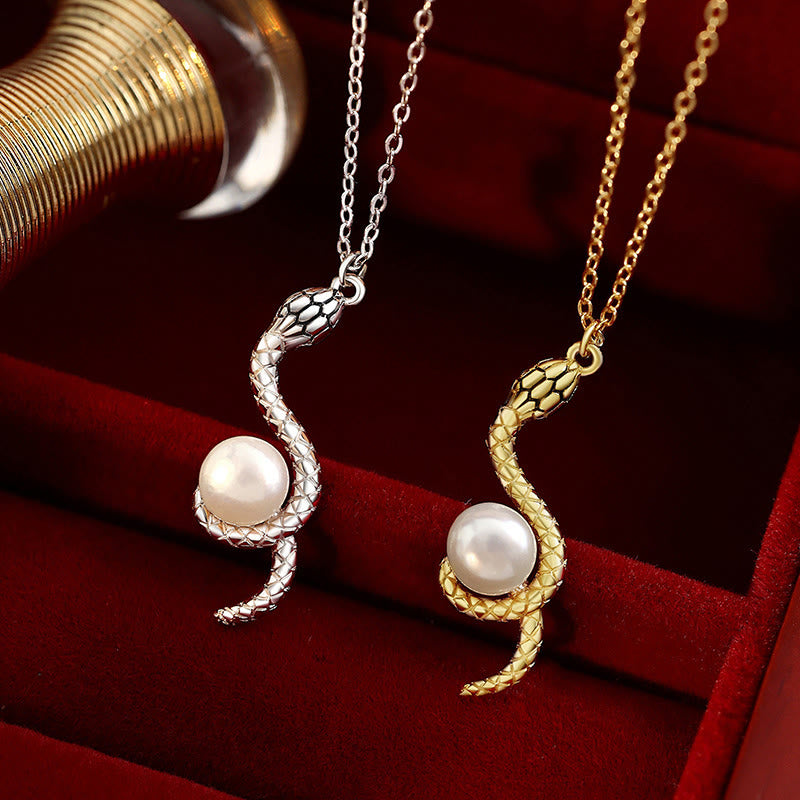 Sterling Silver Snake Pearl Necklace for Wisdom & Protection