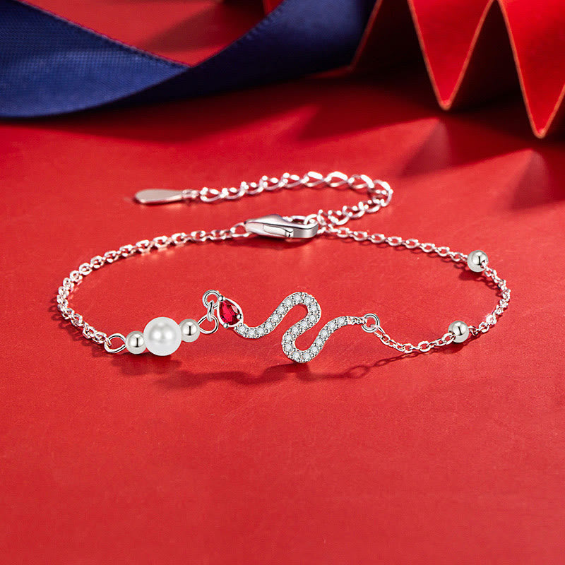 Sterling Silver Snake Pearl Lucky Bracelet