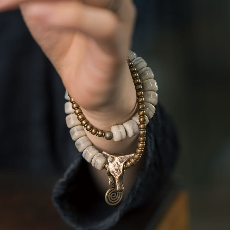 16-17.5cm Yak Bone Copper Double Wrap Spiritual Bracelet Balance