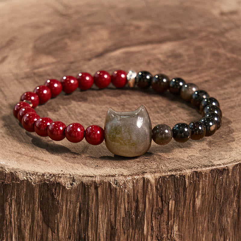 Black Obsidian Cinnabar Cat Fulfilment Bracelet - 14-16cm