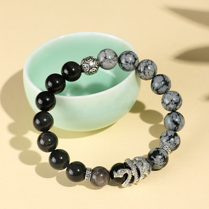 8mm Silver Sheen Obsidian White Turquoise Protection Bracelet for Snake Year 2025
