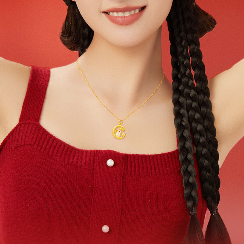 999 Gold Snake Around Rabbit Jade Necklace for Luck & Protection