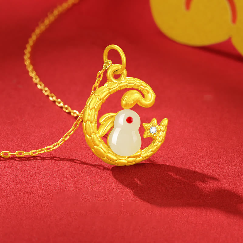 999 Gold Snake Around Rabbit Jade Necklace for Luck & Protection