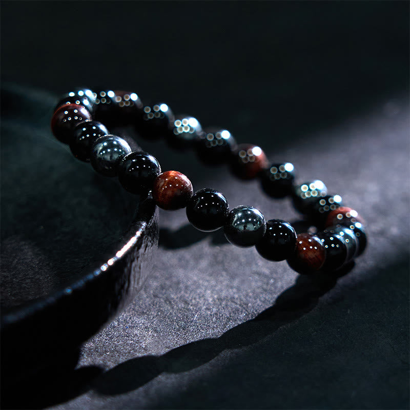 Men's 8mm Tiger Eye Obsidian Hematite Bracelet for Protection