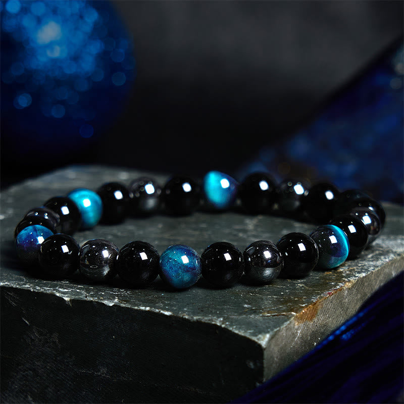 8mm Mens Yellow Tiger Eye Obsidian Hematite Bracelet for Protection