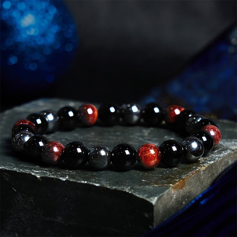 8mm Mens Yellow Tiger Eye Obsidian Hematite Bracelet for Protection