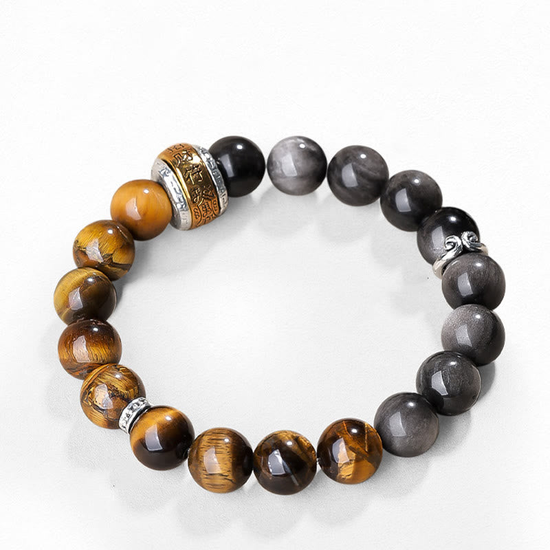 10mm Silver Sheen Obsidian Tiger Eye Om Mani Padme Hum Bracelet