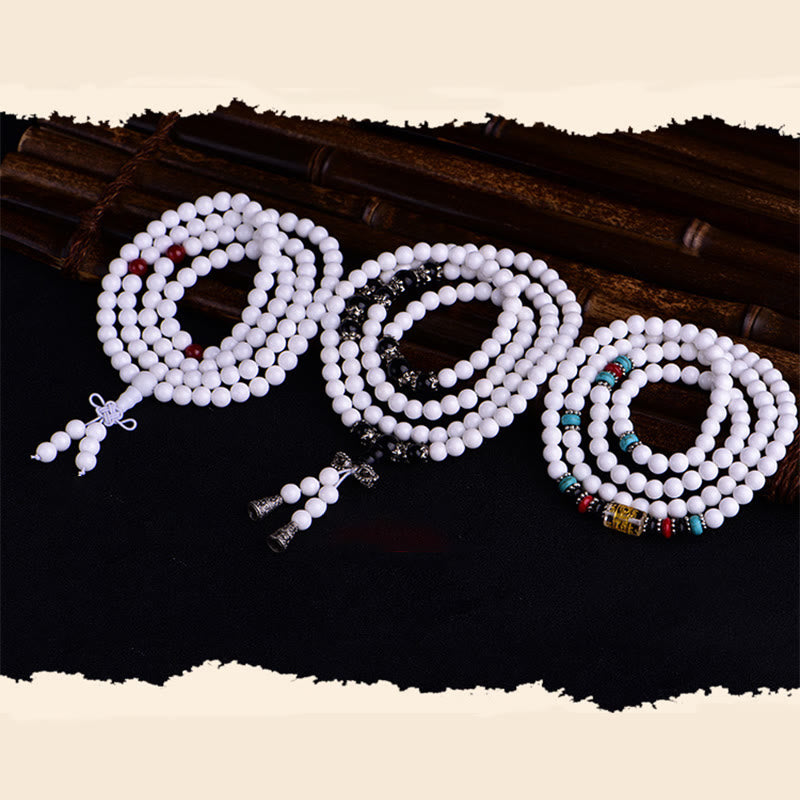 8mm White Porcelain Om Mani Padme Hum Patience Bracelet