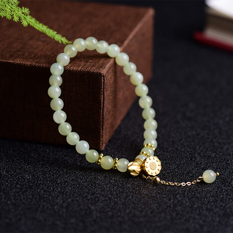 6mm Hetian Jade Lotus Luck Bracelet for Women