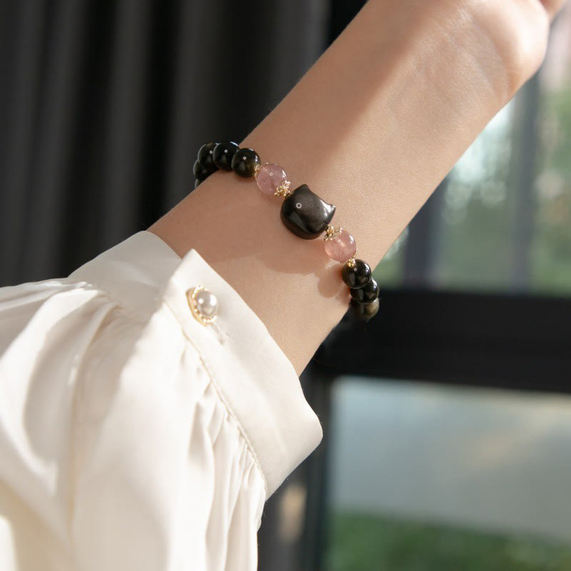 Black Obsidian Cat Head Wisdom & Strength Bracelet - 8mm