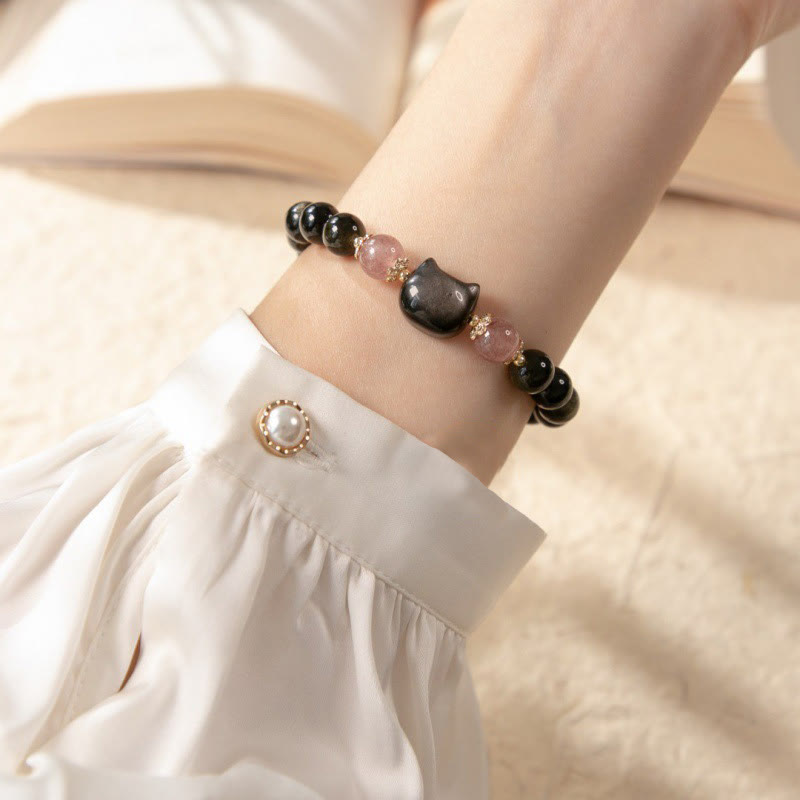 Black Obsidian Cat Head Wisdom & Strength Bracelet - 8mm