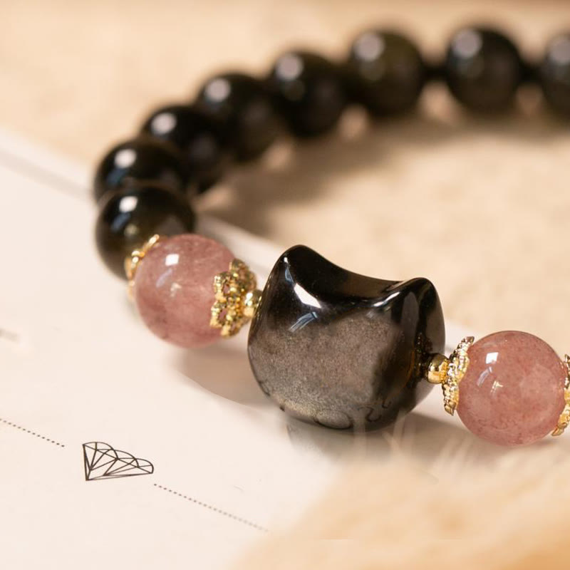 Black Obsidian Cat Head Wisdom & Strength Bracelet - 8mm