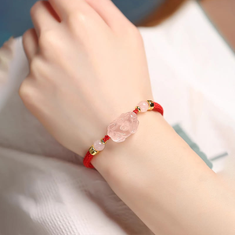 Pink Crystal PiXiu Wealth Bracelet with Red String Protection
