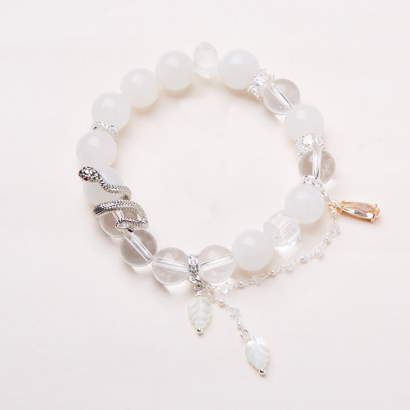 10mm White Jade Crystal Snake Luck Bracelet for Spiritual Growth