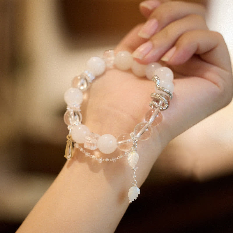 10mm White Jade Crystal Snake Luck Bracelet for Spiritual Growth