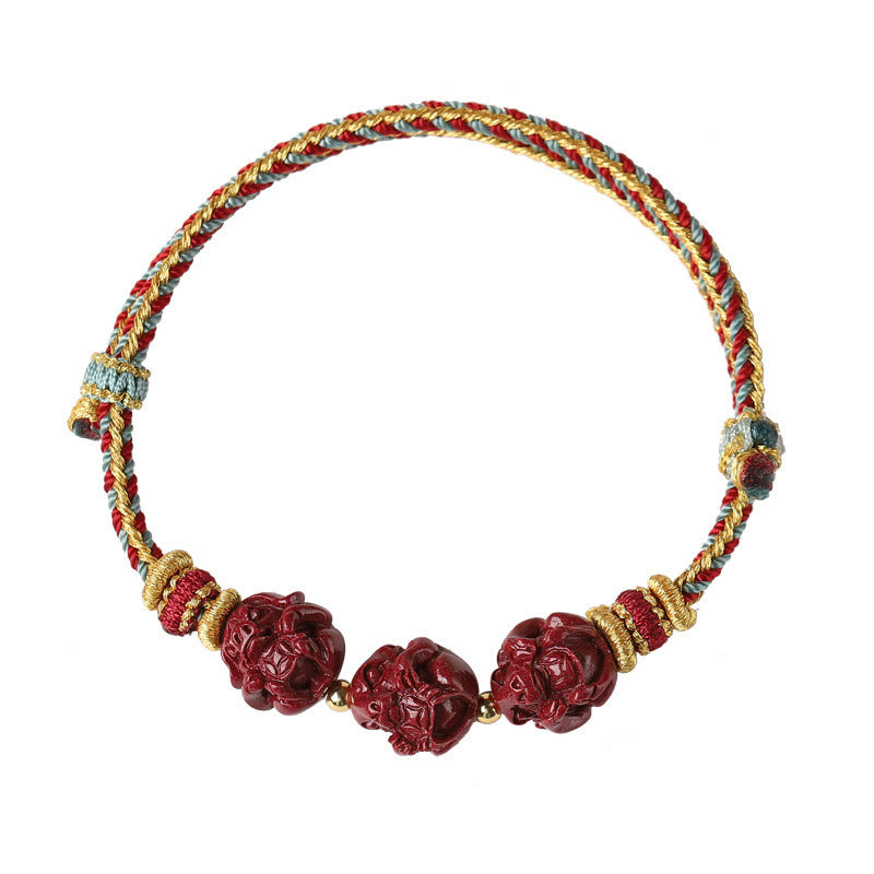 Handmade Cinnabar Chinese Zodiac Bracelet with Dark Red String Blessings